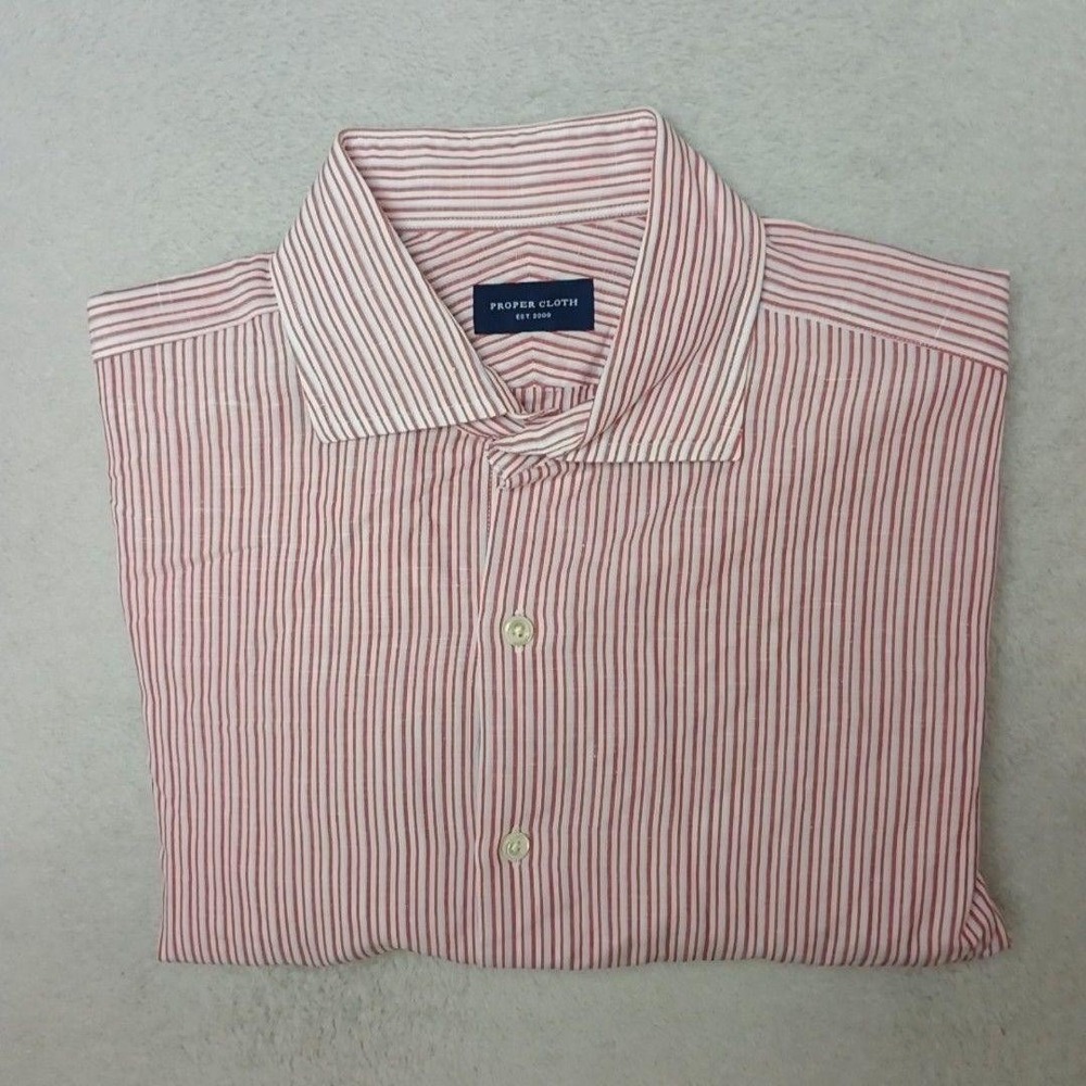Proper Cloth Shirt Mens L Red Striped Button-Up Regular Long Sleeve Cotton Linen
